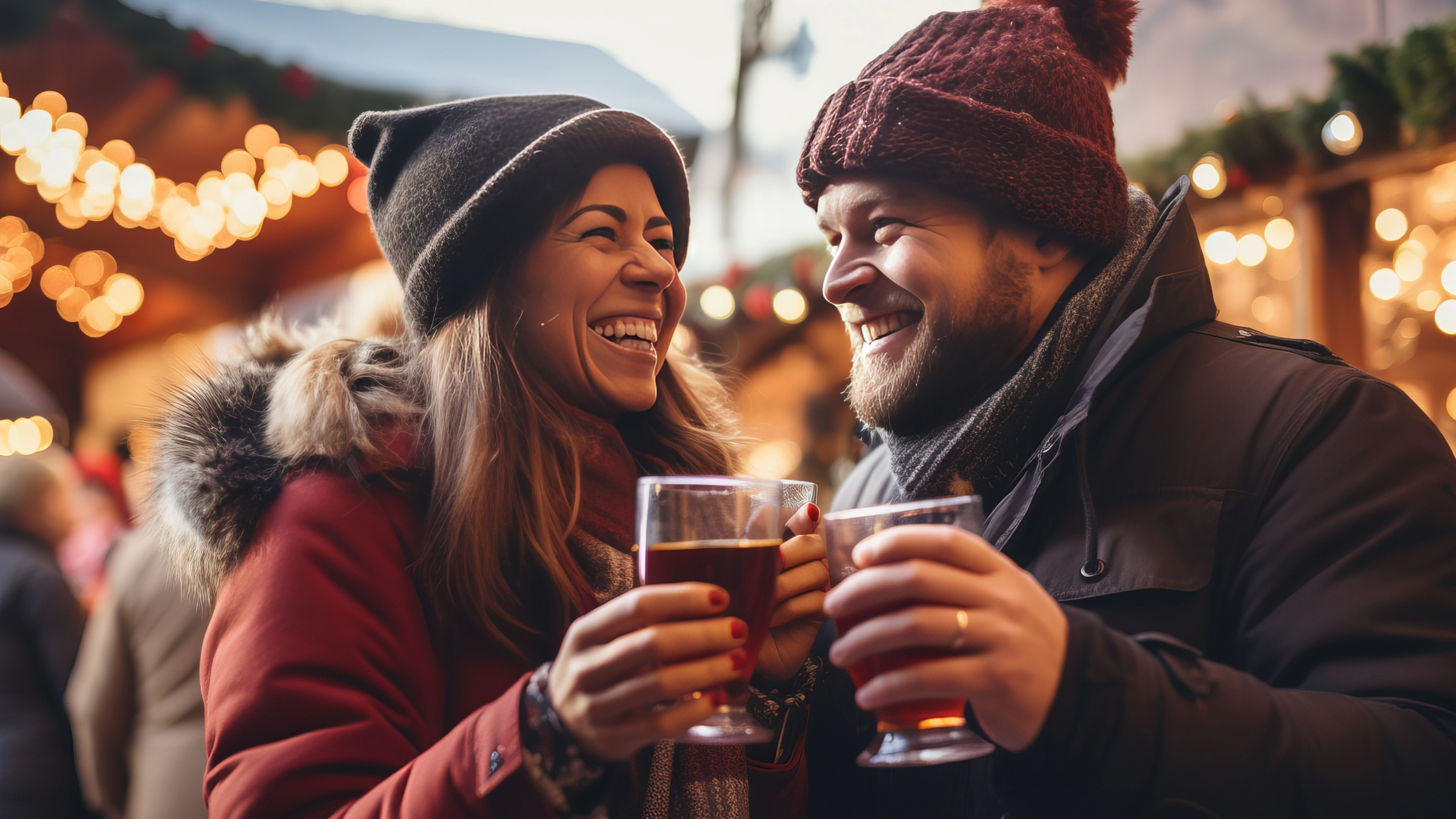 Smiling couple embraces the festive spirit at a winter event in Dallas-Fort Worth Metroplex, surrounded by colorful lights and engaging activities.